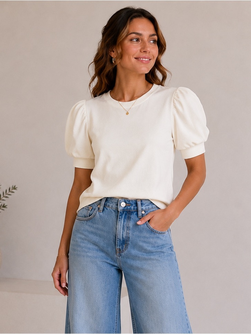 LOFT Petite Cream Puff Sleeve Sweatshirt Top | Size Large Petite | Soft Knit